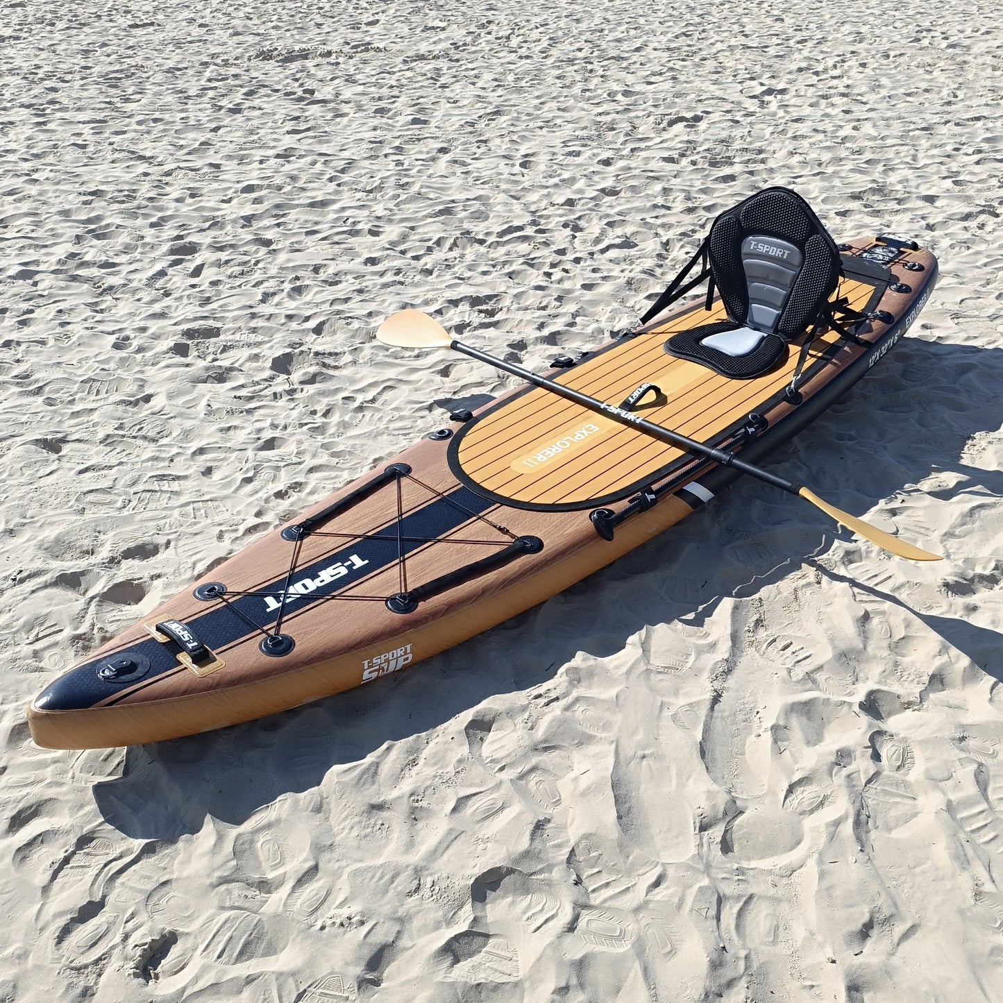 Paddle Board Explorer II SUP with Kayak Conversion Kit 12′ Wooden Style