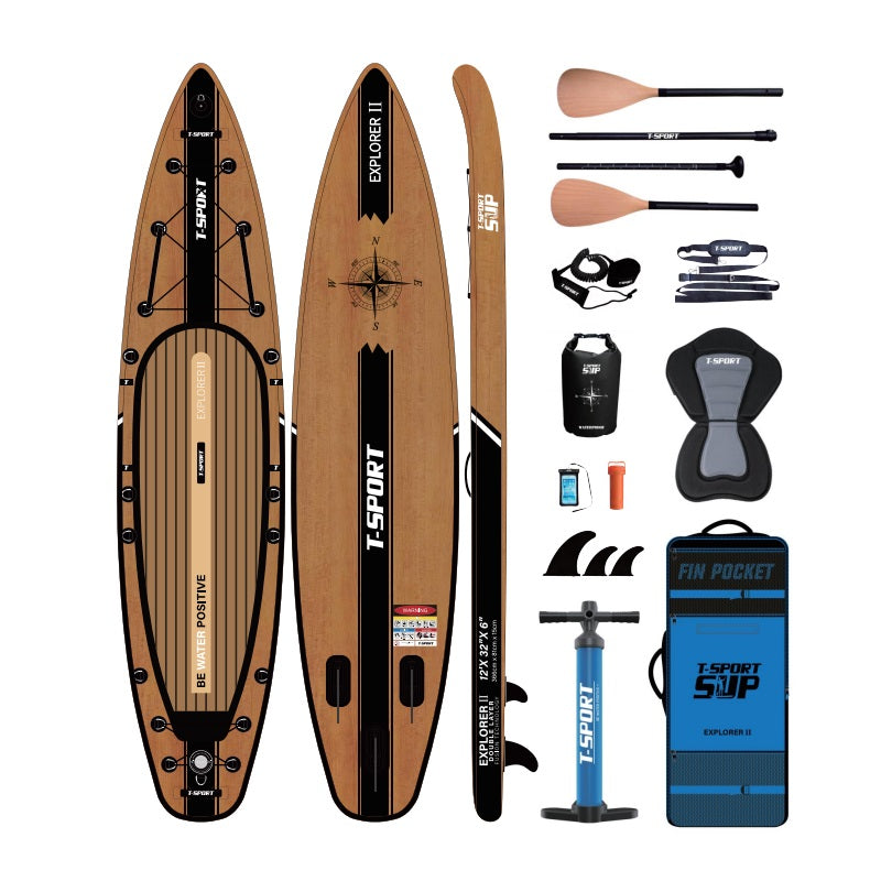 Paddle Board Explorer II SUP with Kayak Conversion Kit 12′ Wooden Style