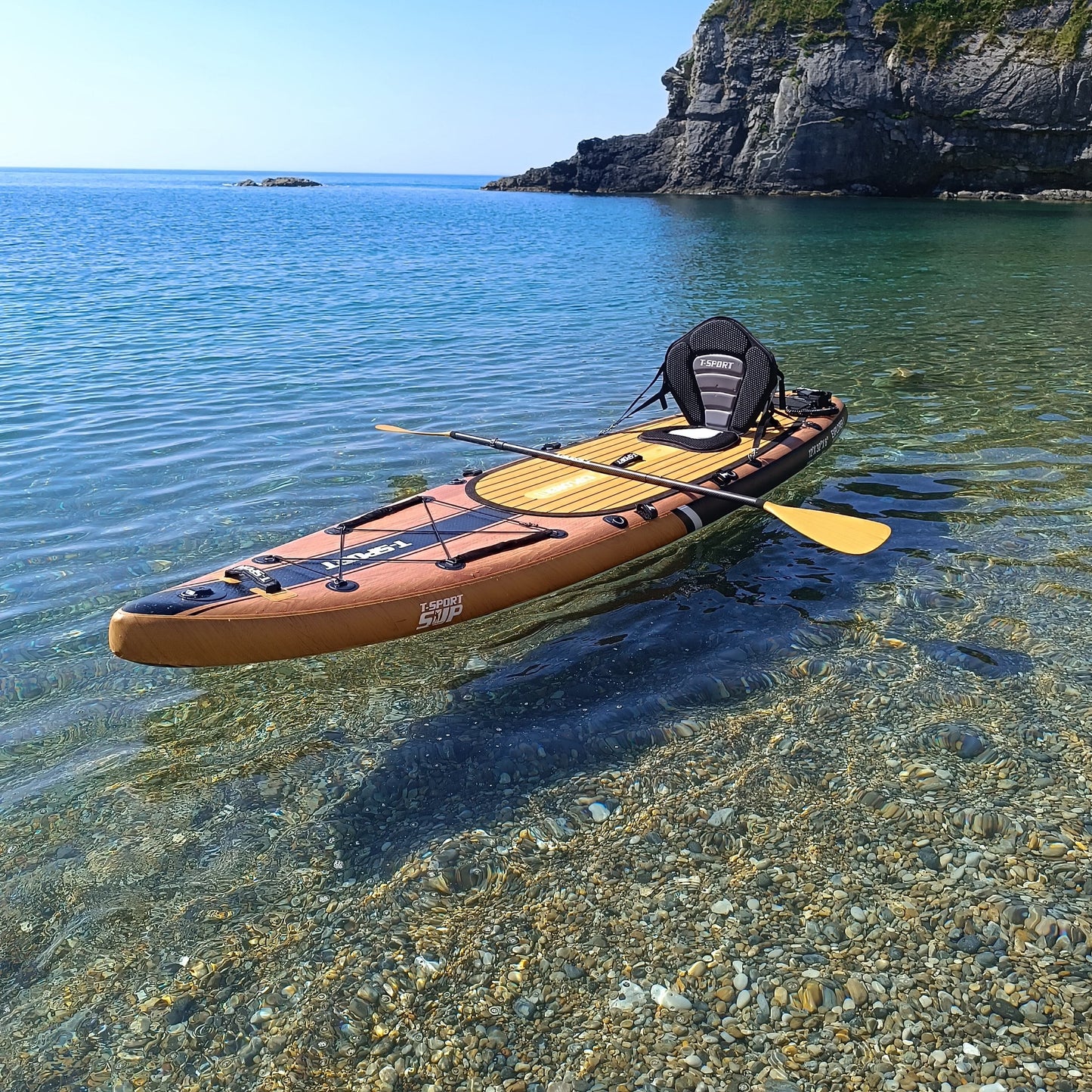 Paddle Board Explorer II SUP with Kayak Conversion Kit 12′ Wooden Style